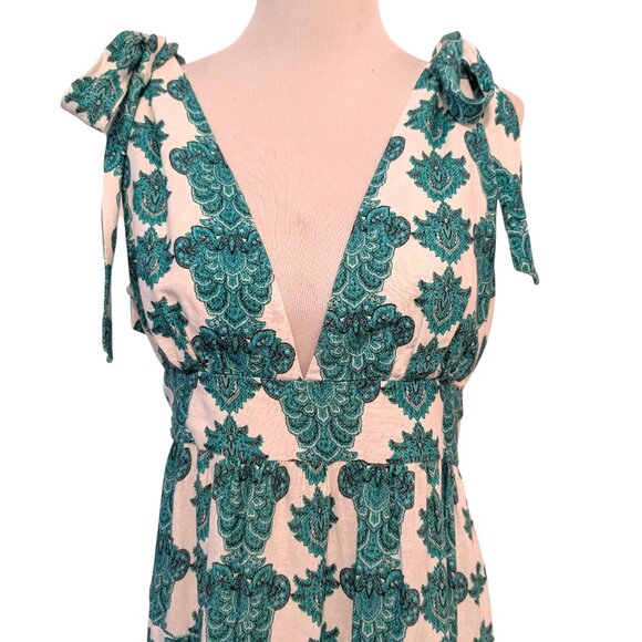 House Of Harlow Womens Size L Green Printed V-Neck Tie Straps Ruffles Maxi Dress - Picture 5 of 10